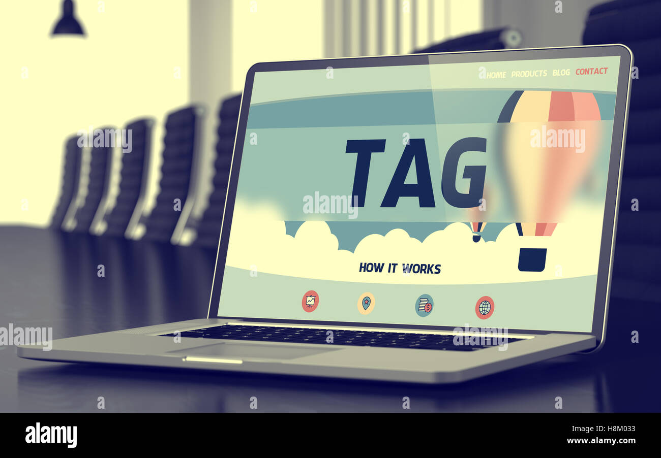 Landing Page del notebook con il concetto di tag. 3D. Foto Stock