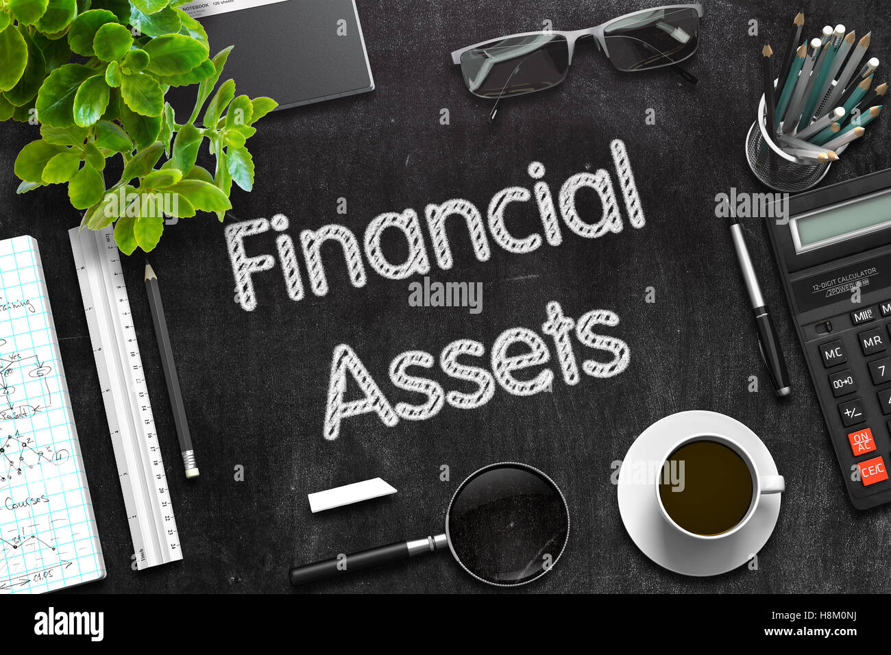 Lavagna nera con attività finanziarie. Il rendering 3D. Foto Stock