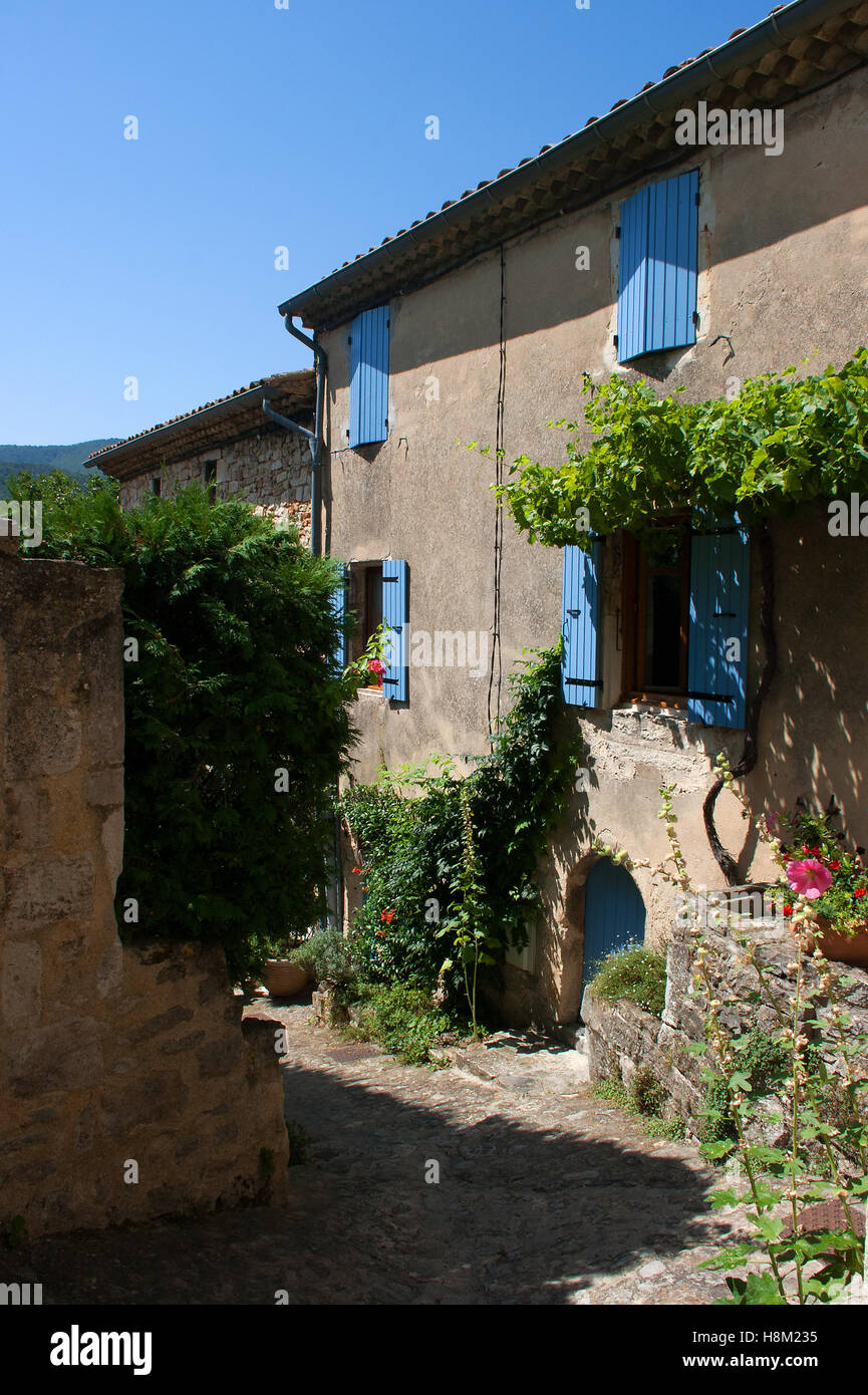 Tipica pietra costruita casa rurale in Francia con la sua persiane blu e arco porta in una zona molto freccia street Foto Stock