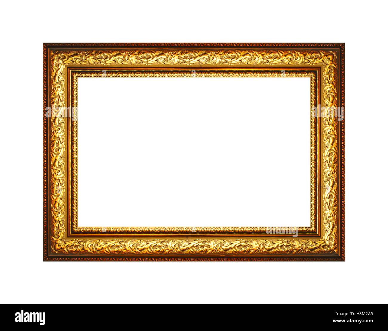 Legno dorato cornice per foto di isolati su sfondo bianco Foto Stock