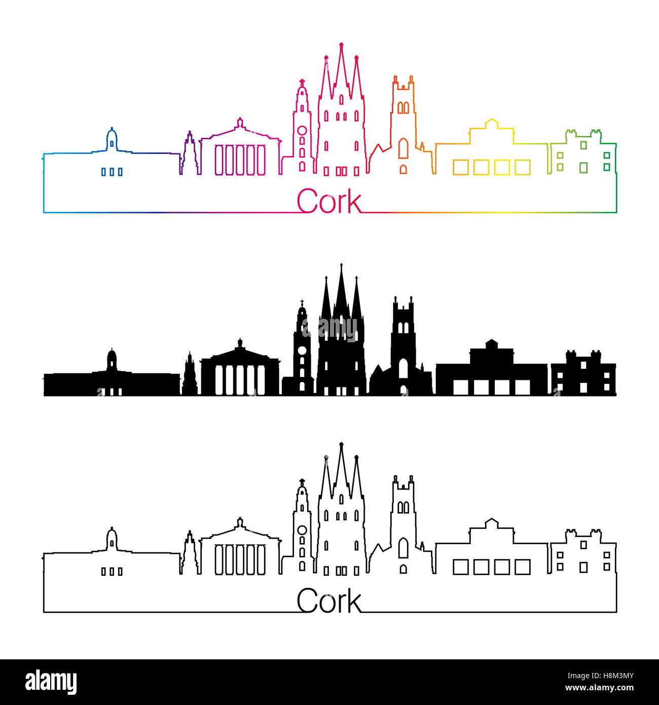 Lo skyline di sughero stile lineare con arcobaleno nel modificabile file vettoriali Foto Stock