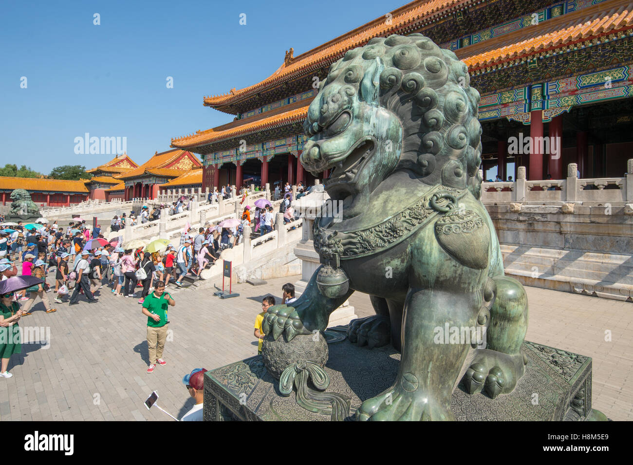 Pechino Cina - il Dettaglio di un bronzo guardian lion statua (SHI) con turisti entrando nel palazzo Museo in background si trova Foto Stock
