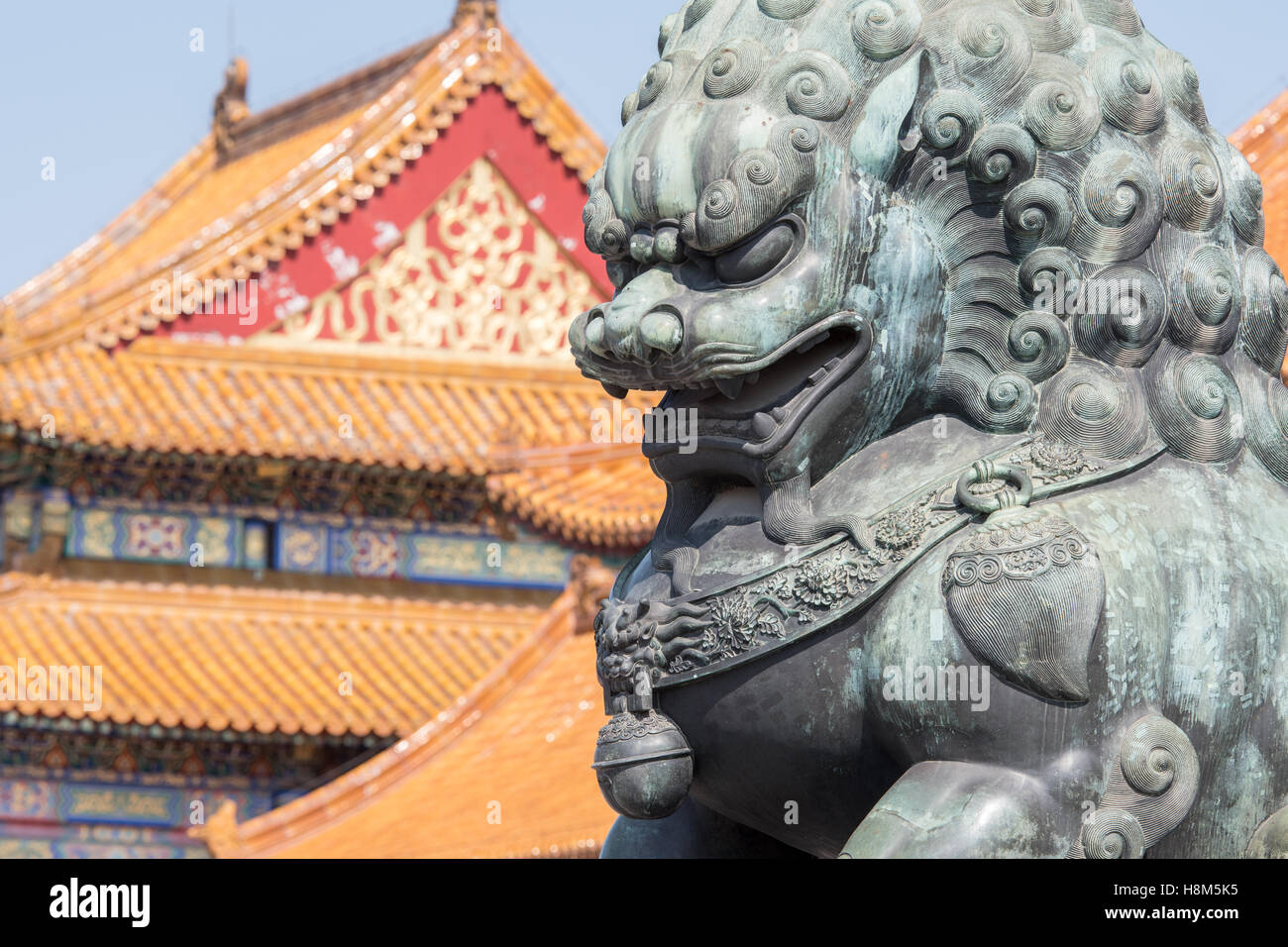 Pechino Cina - il Dettaglio di un bronzo guardian lion statua (SHI) con l'architettura ornata di il museo del palazzo in backg Foto Stock
