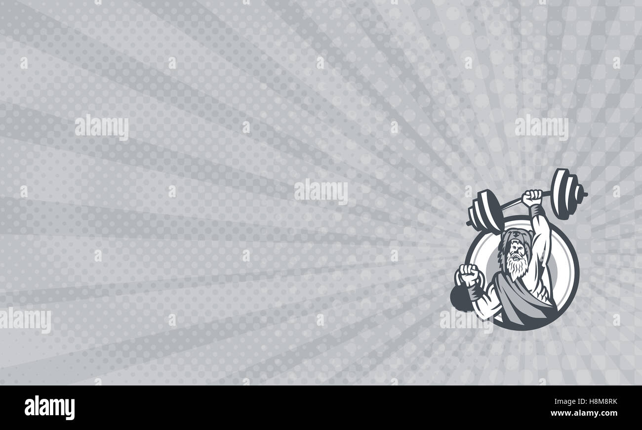 Business card mostra illustrazione di un berserker, un campione Norse warrior indossando pelt di recare il sollevamento della pelle barbell e kettlebell visto dalla serie anteriore cerchio interno fatto in stile retrò. Foto Stock