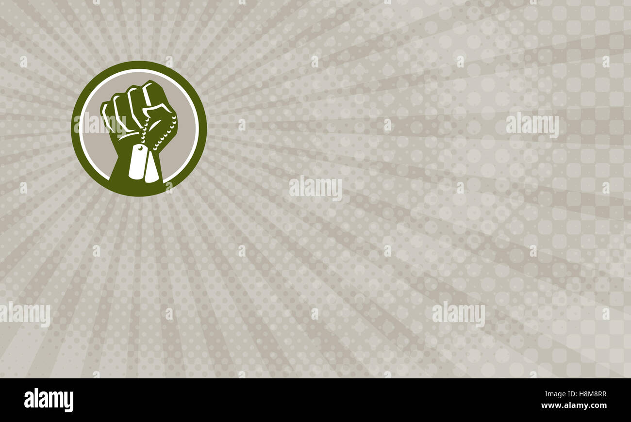 Business card mostra illustrazione di un pugno chiuso che impugnano holding dogtag visto dalla serie anteriore cerchio interno fatto in stile retrò. Foto Stock