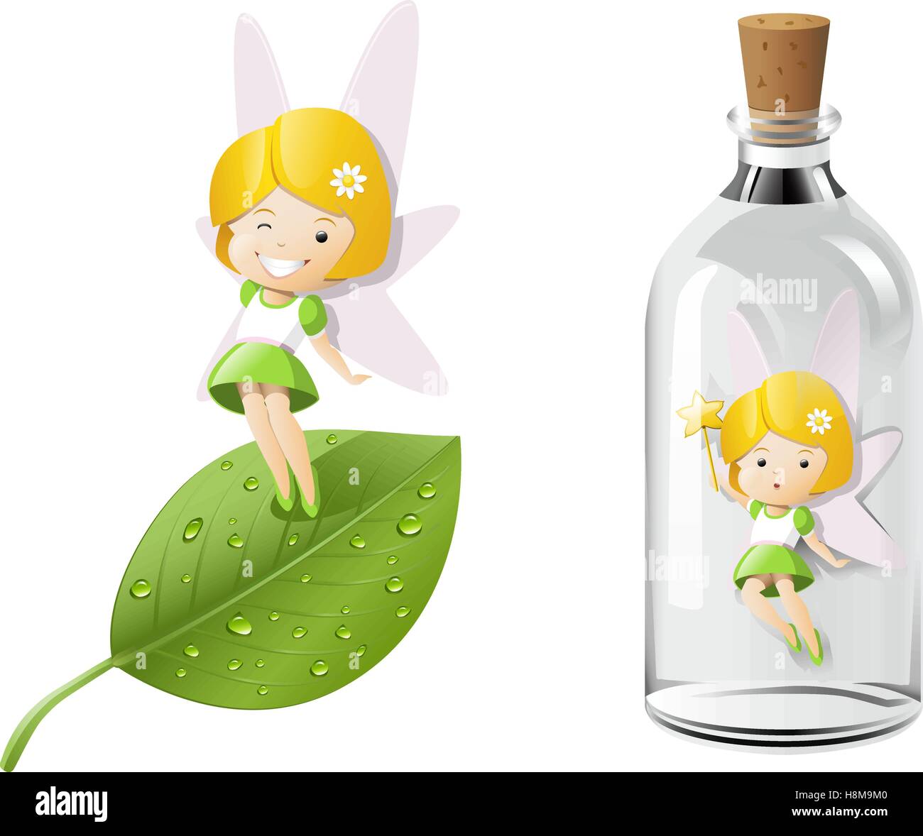 Fairy magic su foglie fresche e intrappolato in una bottiglia Illustrazione Vettoriale