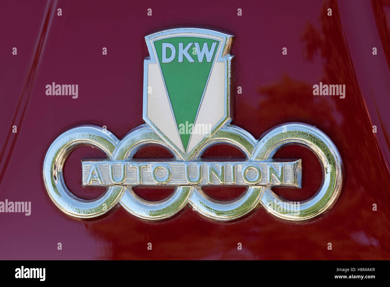 Emblema di una DKW Auto Union, ex vettura tedesca marca, Classic giorni Dyck 2016 Juchen, Niederrhein, Nord Reno-Westfalia, Germania Foto Stock