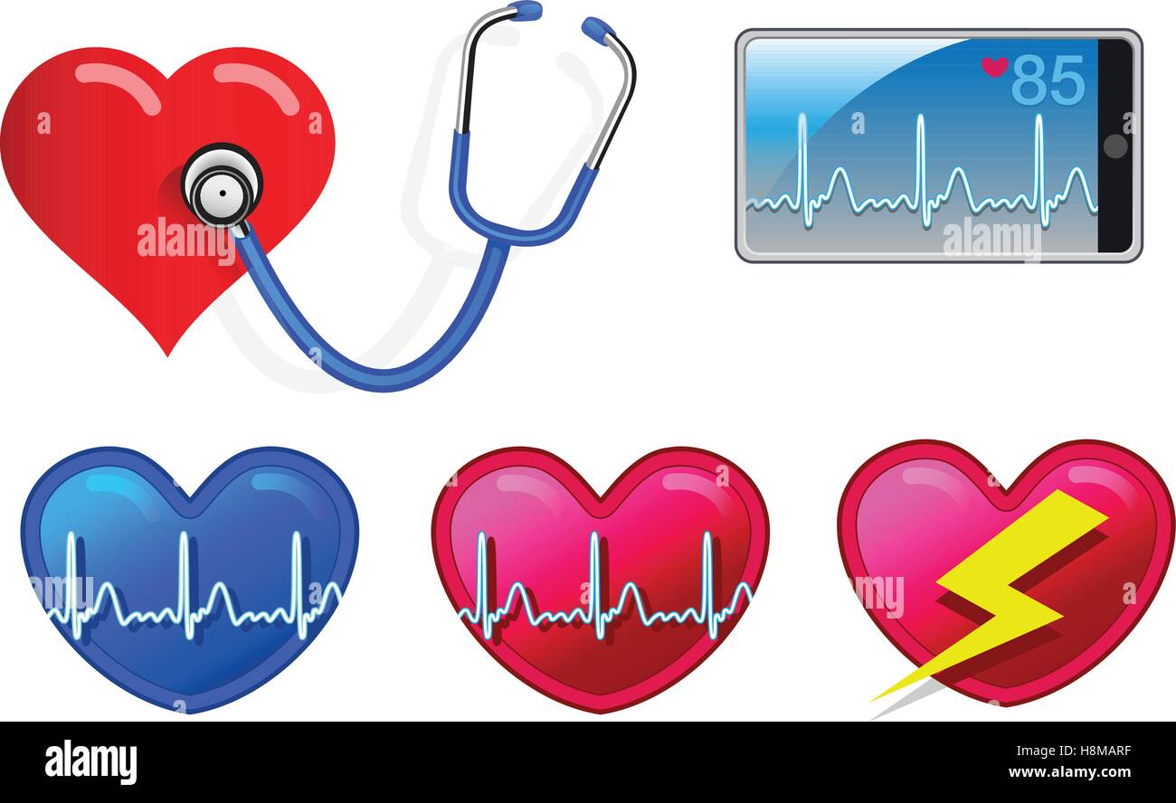 Il battito cardiaco i dispositivi di monitoraggio comprendente uno stetoscopio smart phone e di cuore le icone Illustrazione Vettoriale