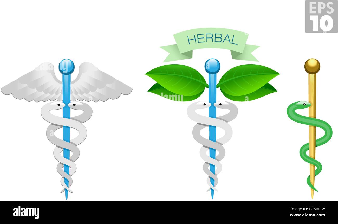 Caduceo a base di erbe, asta di Esculapio, icone mediche, snake, asta e ali Illustrazione Vettoriale