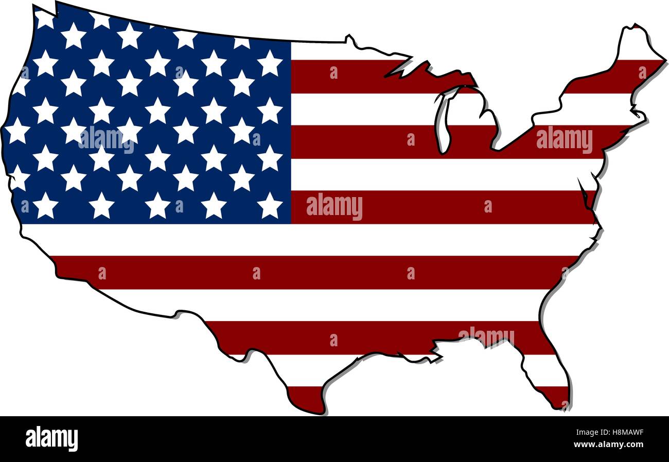 Mappa di Stati Uniti d'America con bandiera americana design Illustrazione Vettoriale