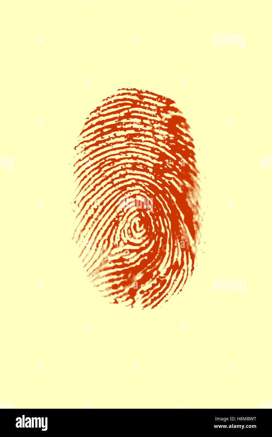 Impronte digitali di colore rosso su sfondo giallo Foto Stock