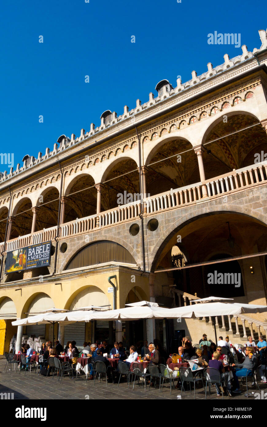 Cafe, di fronte al Palazzo della Ragione, Piazza delle Erbe, Padova, Veneto, Italia Foto Stock