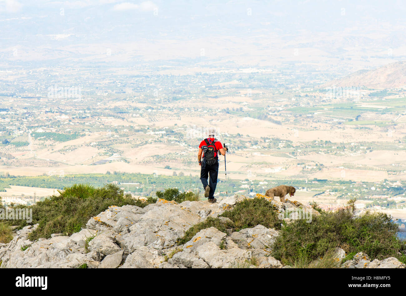 Uomo e cane escursioni in, Jabalcuza, montagne, Andalusia, Spagna Foto Stock