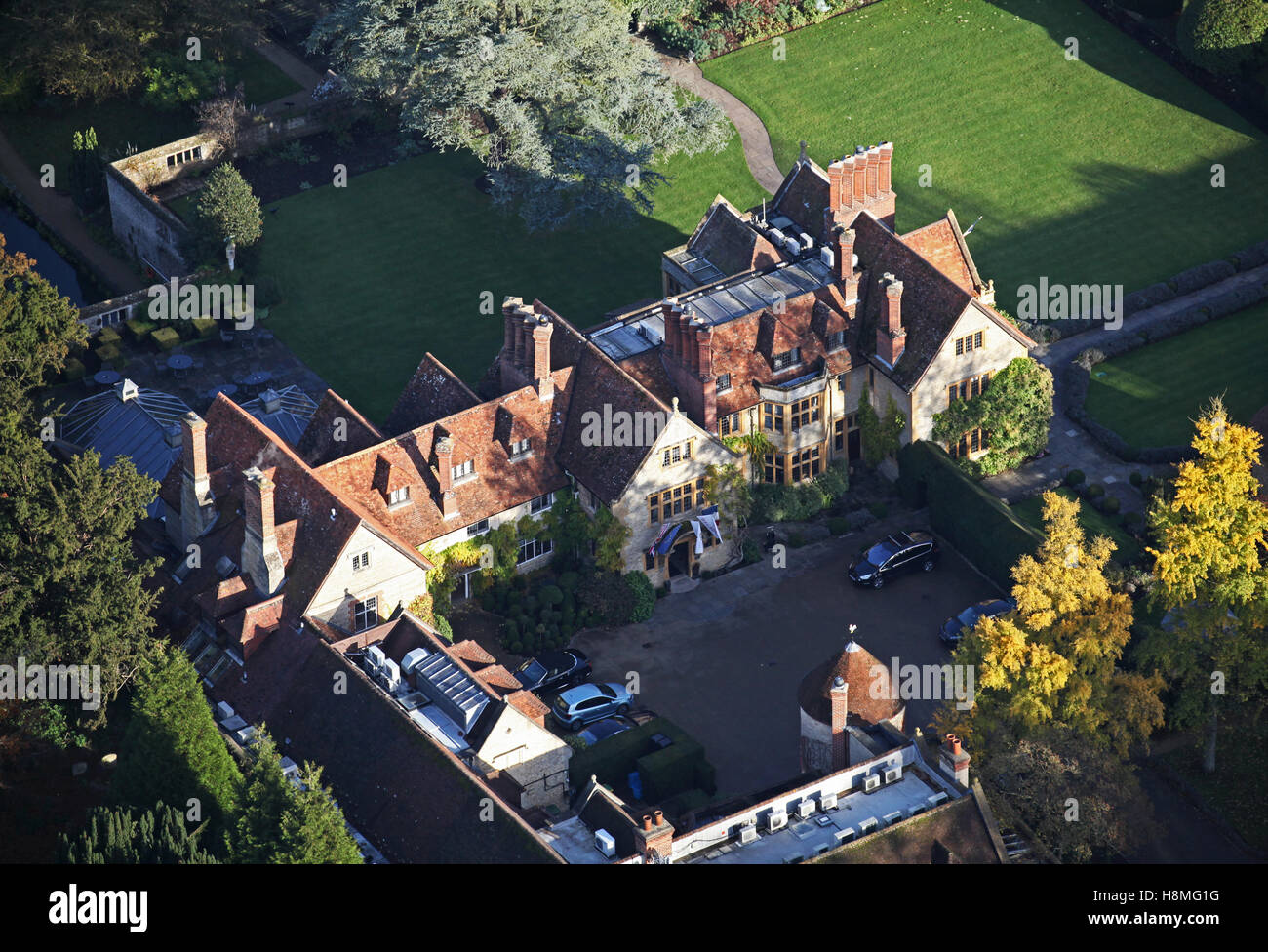 Vista aerea del Belmond Le Manoir aux Qaut'Saisons ristorante hotel vicino a Oxford, Regno Unito Foto Stock
