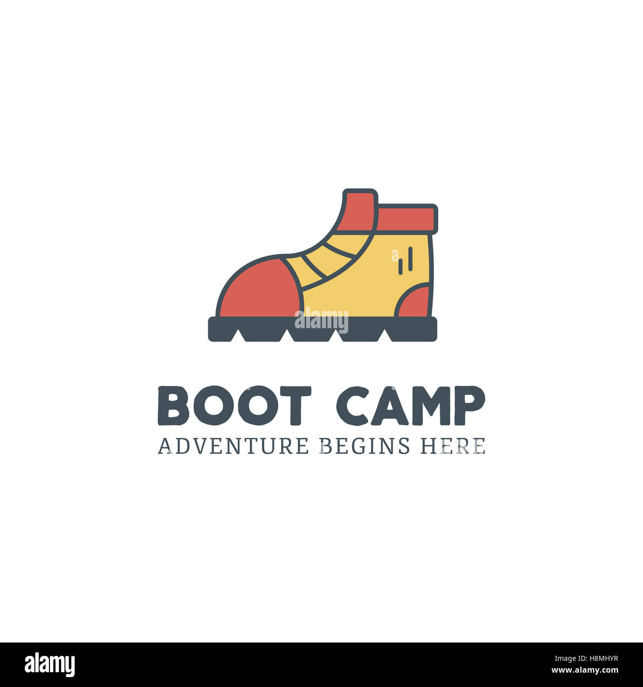 Camping logo design con la tipografia e elementi di viaggio - camp mug. testo - La felicità è il campeggio. Con lo zaino in spalla il simbolo nel retro colori piatti. Nizza per stampe, tee design, web infographics Foto Stock