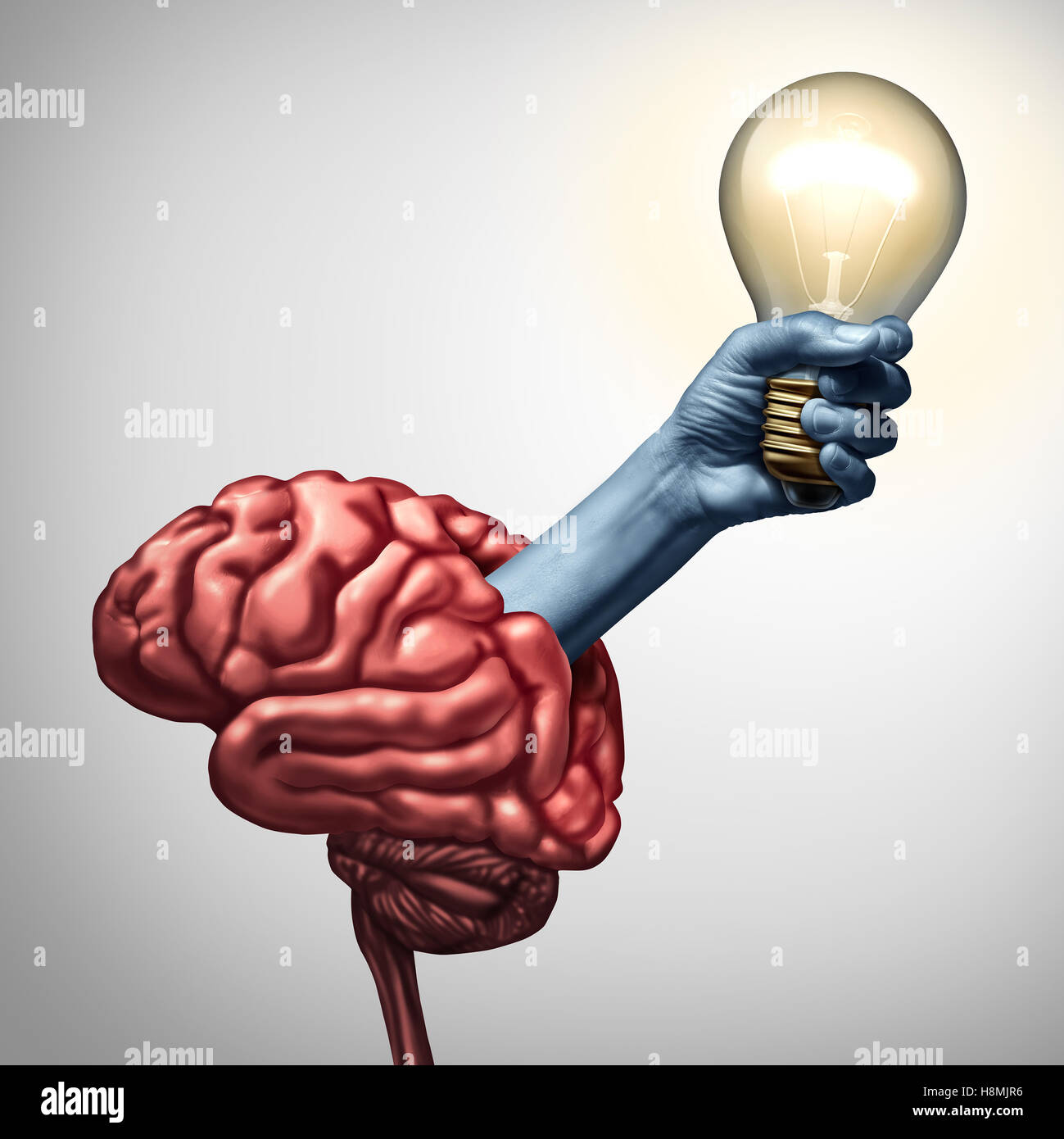 Trovare ispirazione nozione come un braccio che tiene una lampadina accesa che emergono da un cervello come una metafora di innovazione per la potenza delle idee e ispirazione creativa successo con 3D'illustrazione degli elementi. Foto Stock
