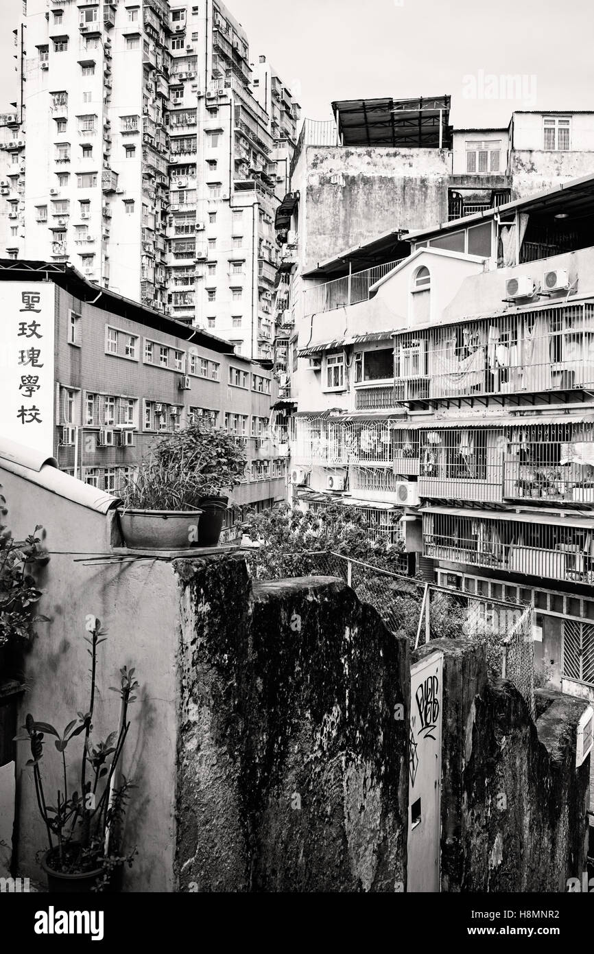 Edifici Abitativi di Macao, Cina, in bianco e nero Foto Stock