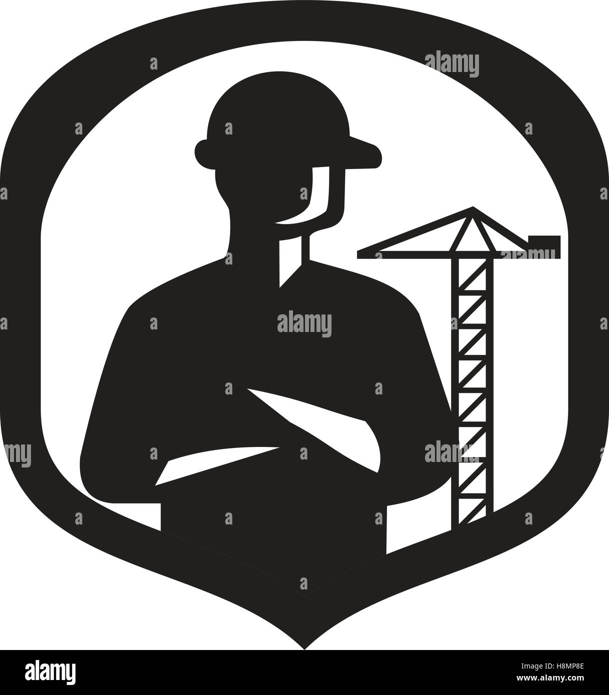 Illustrazione di una silhouette di un costruttore di lavoratore edile con bracci ripiegati insieme all'interno della protezione cresta con gru a braccio in b Illustrazione Vettoriale