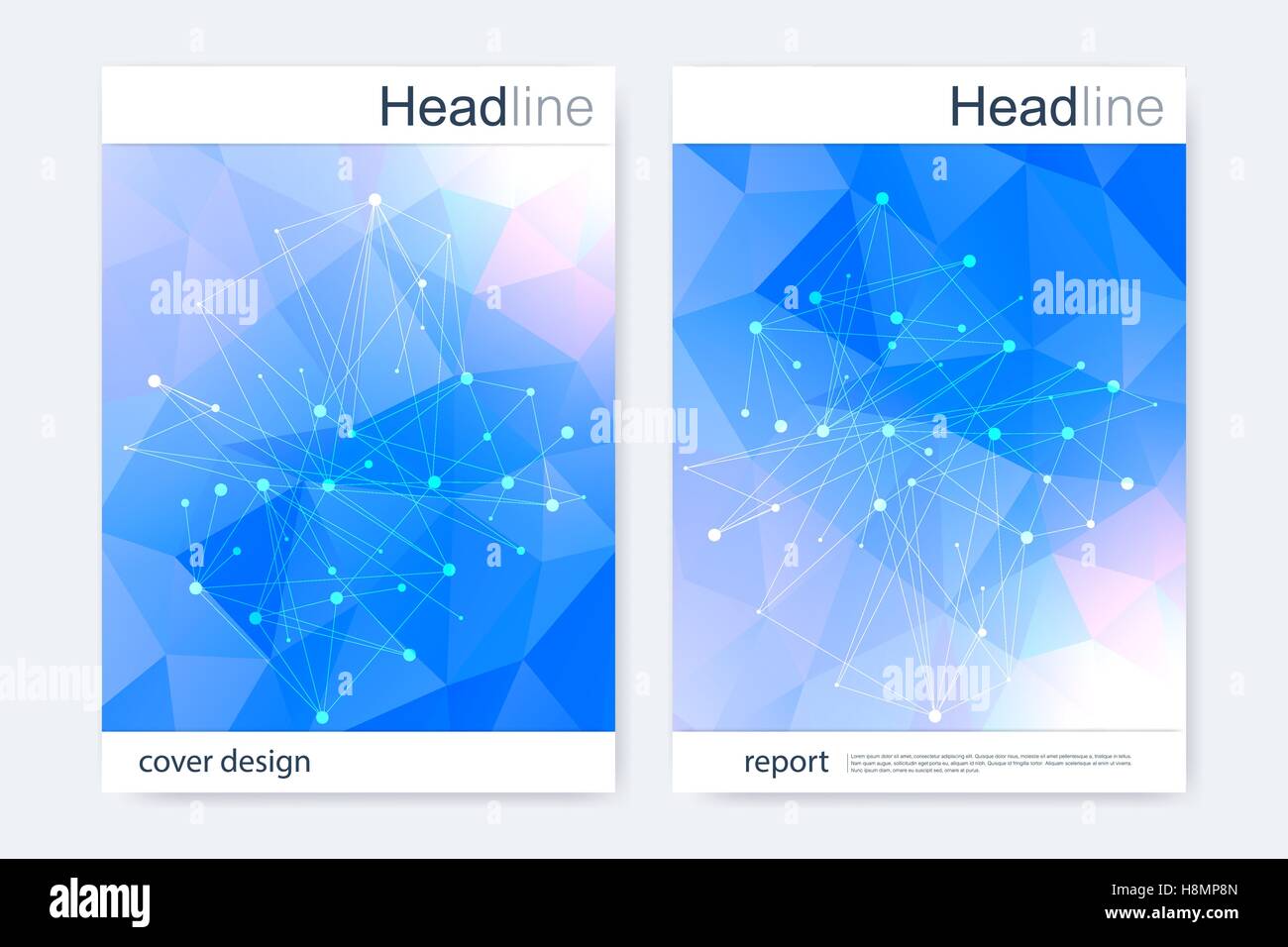 Brochure scientifico modello di disegno. Vettore formato flyer, struttura molecolare di DNA collegato con linee e punti. Scientific colorato disegno poligonale per la rivista, il foglietto, coperchio, poster design. Illustrazione Vettoriale