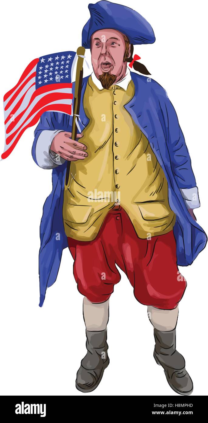 Stile acquerello illustrazione di un american patriot gridando holding bandiera degli Stati Uniti se visto dalla parte anteriore impostato su isolati backgroun bianco Illustrazione Vettoriale