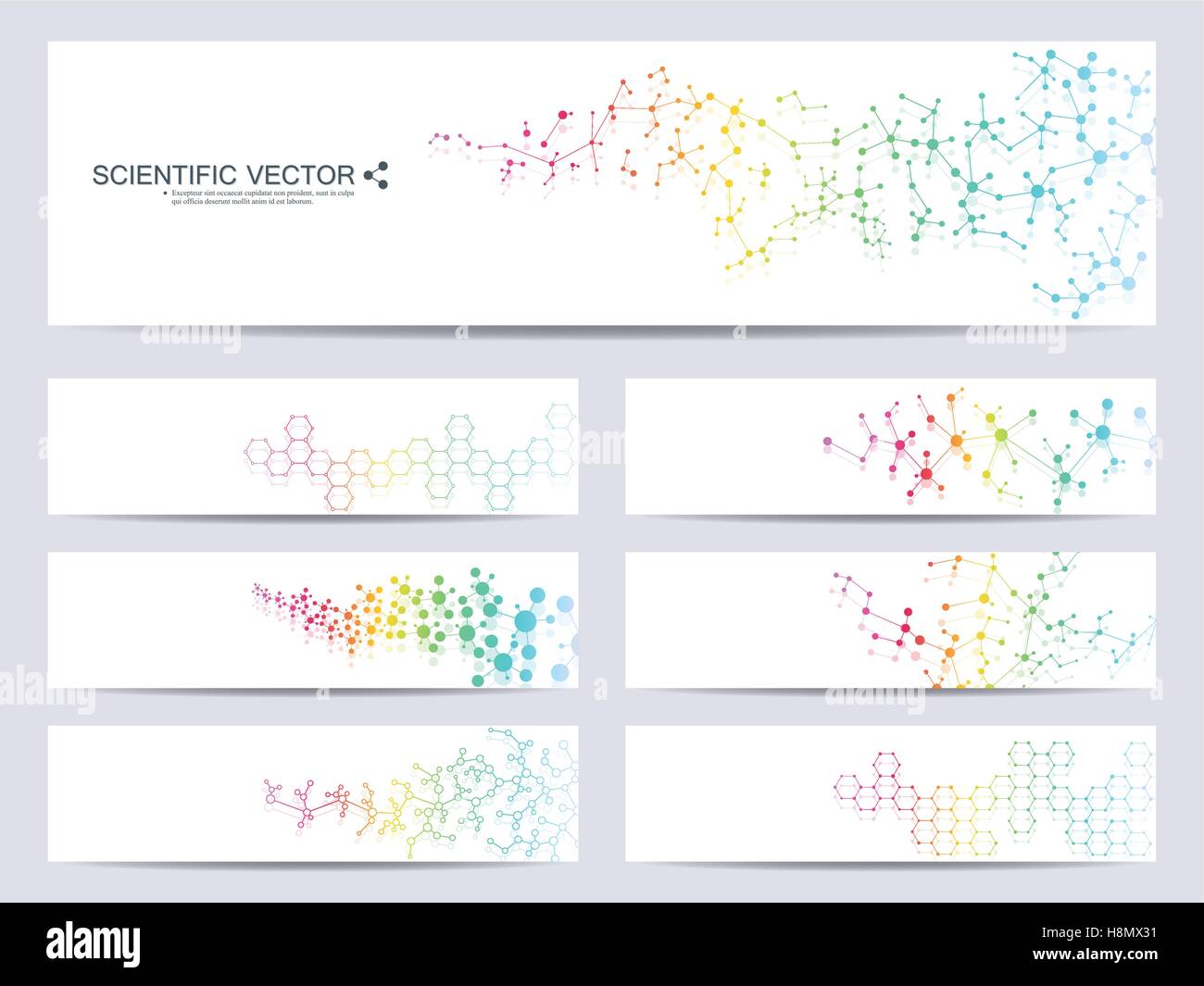 Set di scientifiche moderne banner. Struttura di molecola di DNA e i neuroni. Abstract background. Medicina, la scienza e la tecnologia. Illustrazione di vettore per il design. Illustrazione Vettoriale