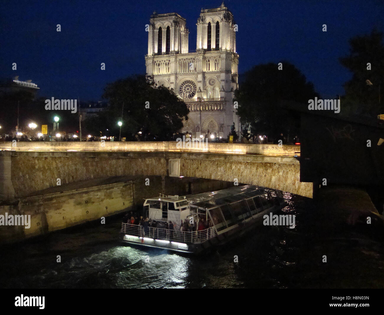 La cattedrale di Notre Dame si illuminò di notte e una barca passeggeri lungo la Senna, Parigi, Francia. Foto Stock