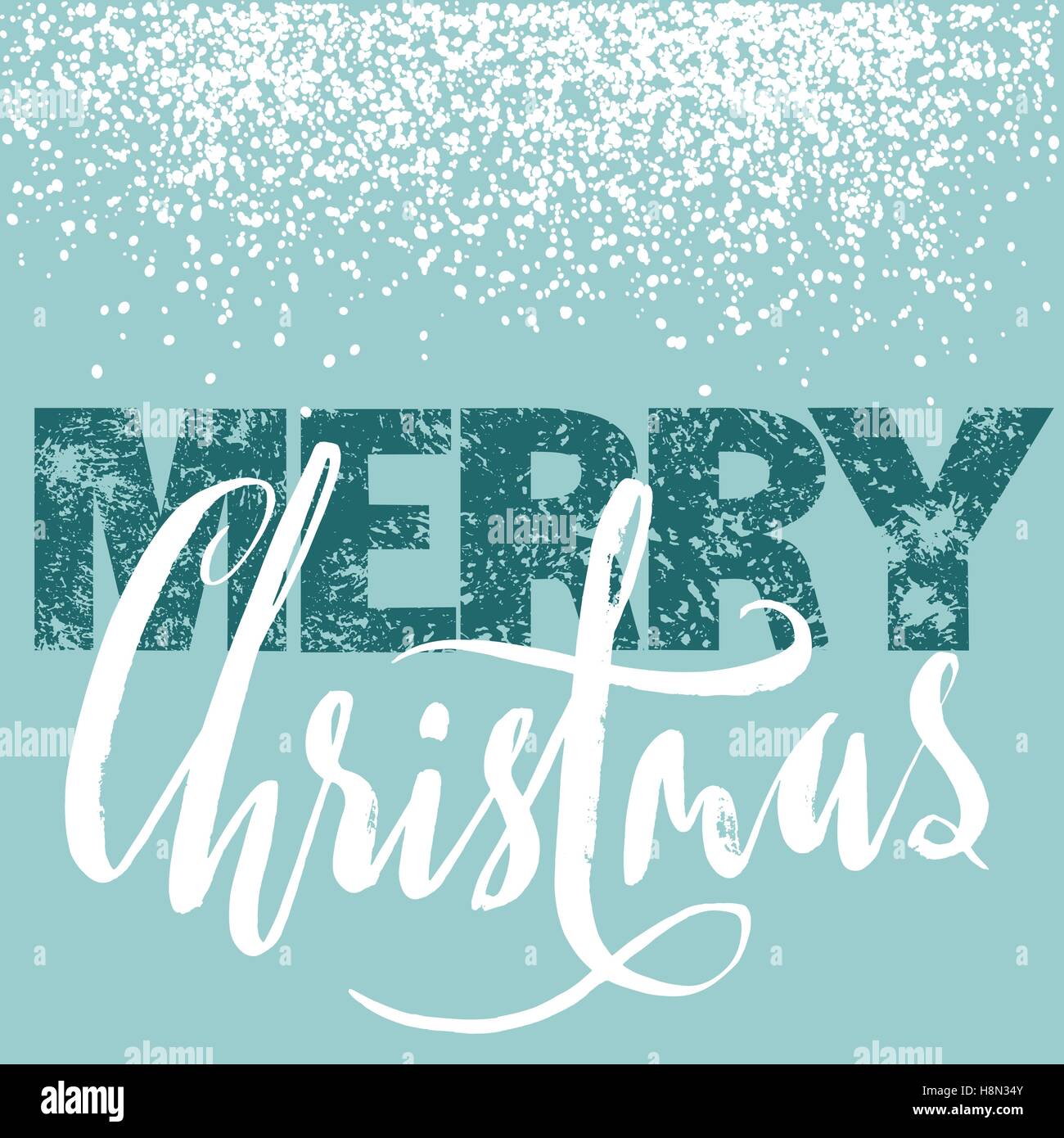 Buon Natale grunge design lettering su sfondo blu con il bianco della neve. Holiday scritte scheda. Illustrazione Vettoriale