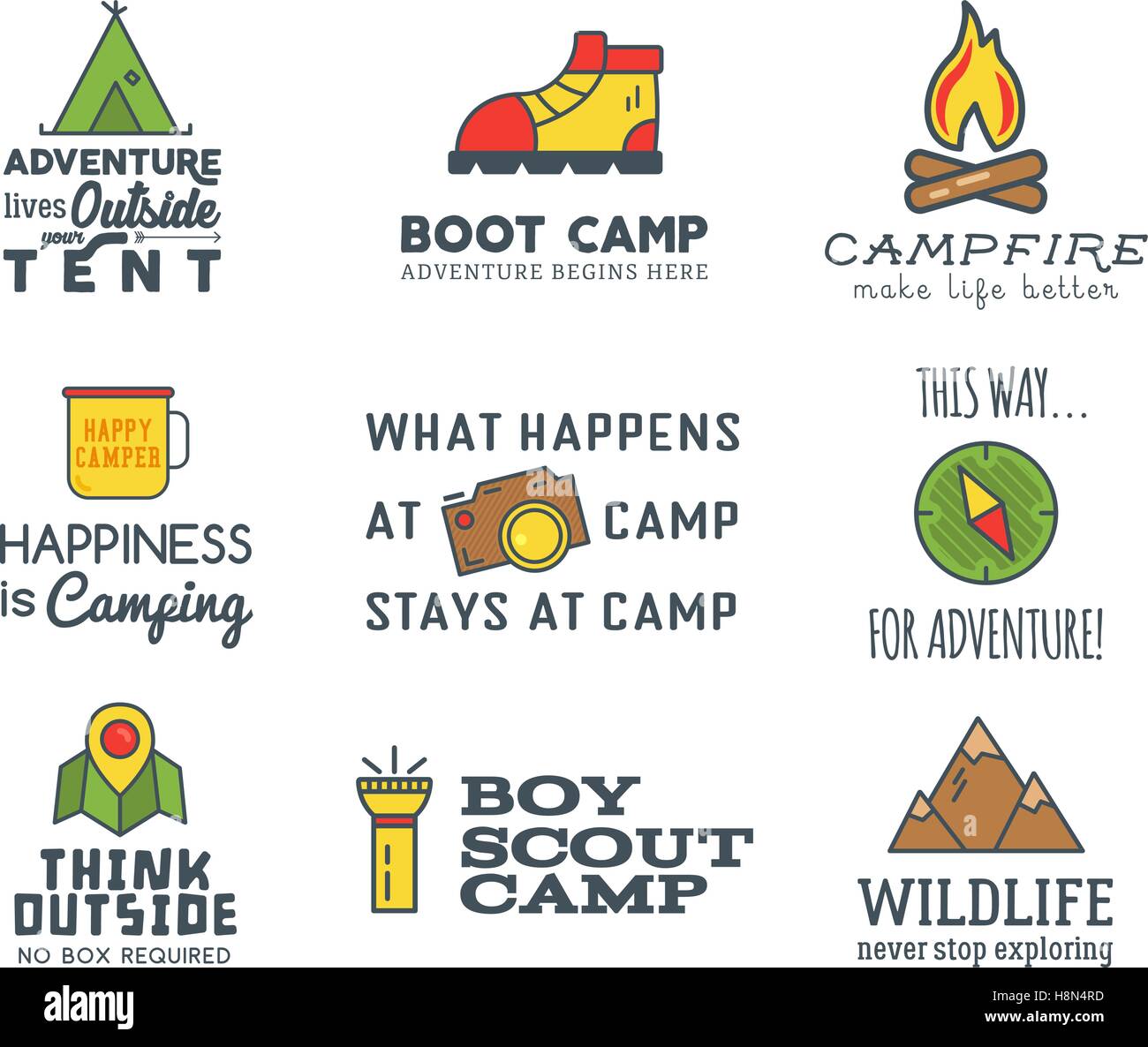 Camping logo design set con la tipografia e elementi di viaggio - compass, montagna, tenda. Con il vettore avventura parole e segni. Sentiero escursionistico, backpacking simboli. Nizza per stampe, design a t. Illustrazione Vettoriale