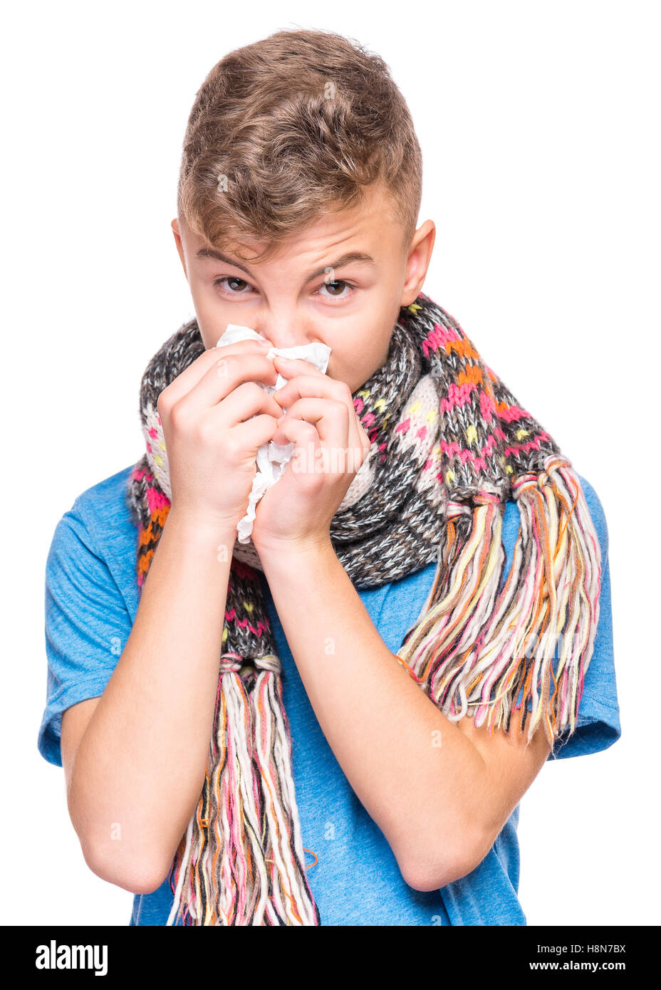 Ill teen boy con flu Foto Stock