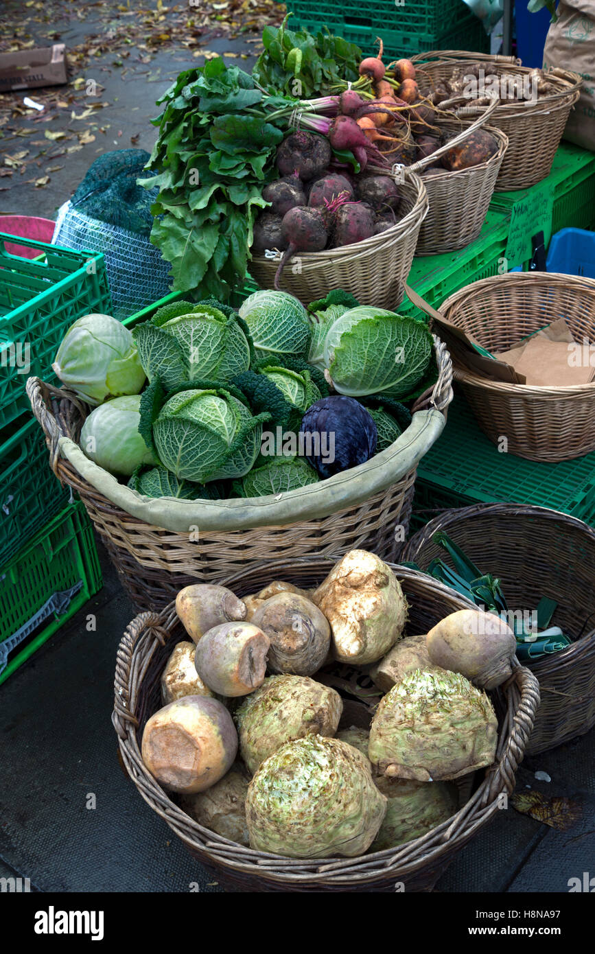 Cavolo organico, barbabietole, rape e sedani rapa per la vendita al Mercato del contadino a Edimburgo, Scozia. Foto Stock