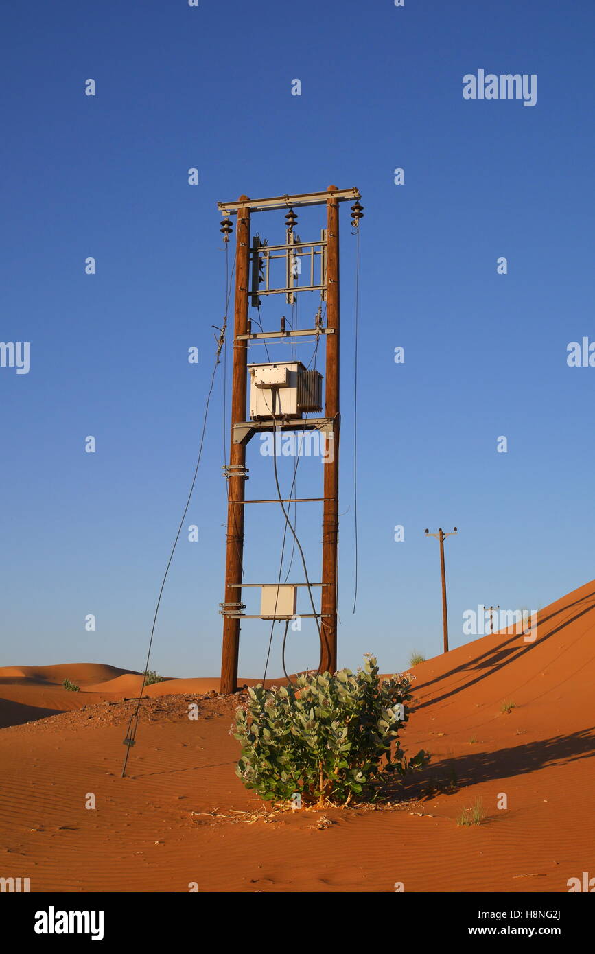 Pali del telegrafo nel deserto, Abu Dhabi Emirato, Emirati Arabi Uniti Foto Stock