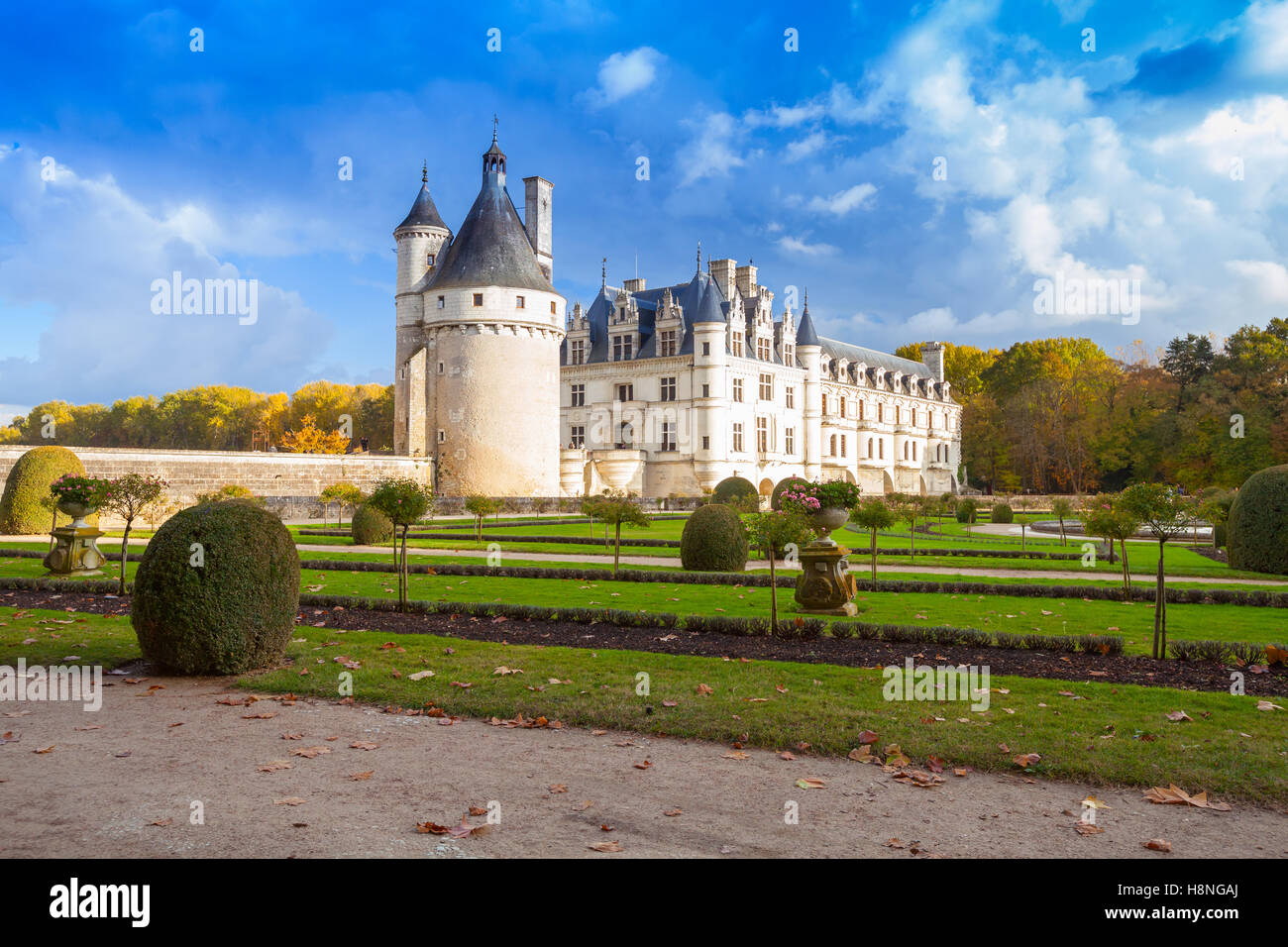 Il Chateau de Chenonceau, royal medievale castello francese nella Valle della Loira, in Francia. È stato costruito nel secolo 15-16, architettonico Foto Stock