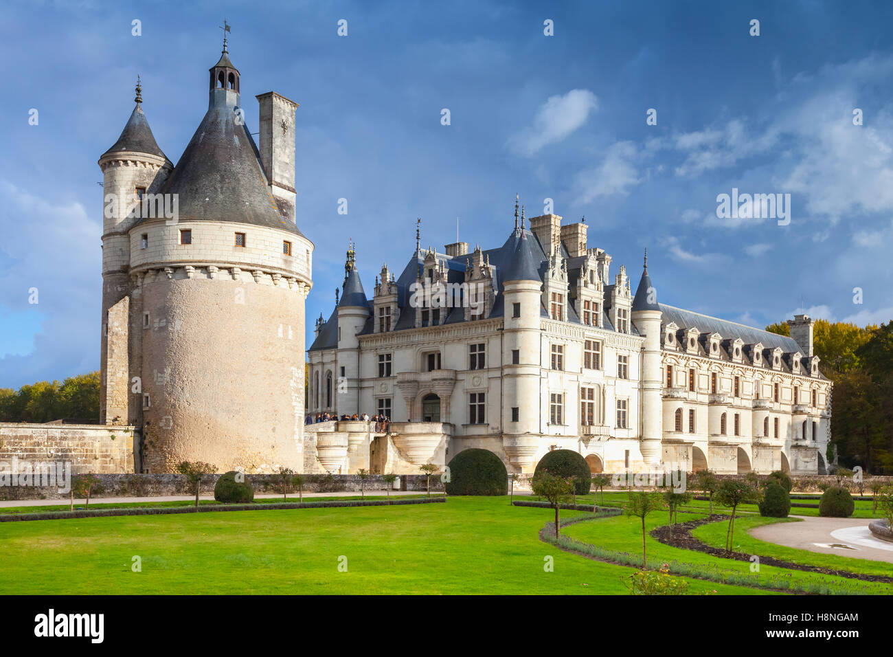 Chateau de Chenonceau. Medievale castello francese, fu costruito nel secolo 15-16, una miscela di architettura del tardo gotica e inizio Foto Stock