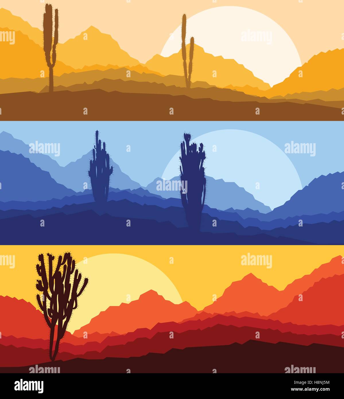Cactus deserto paesaggio sfondo vettoriale impostato con il tramonto e l'alba Illustrazione Vettoriale