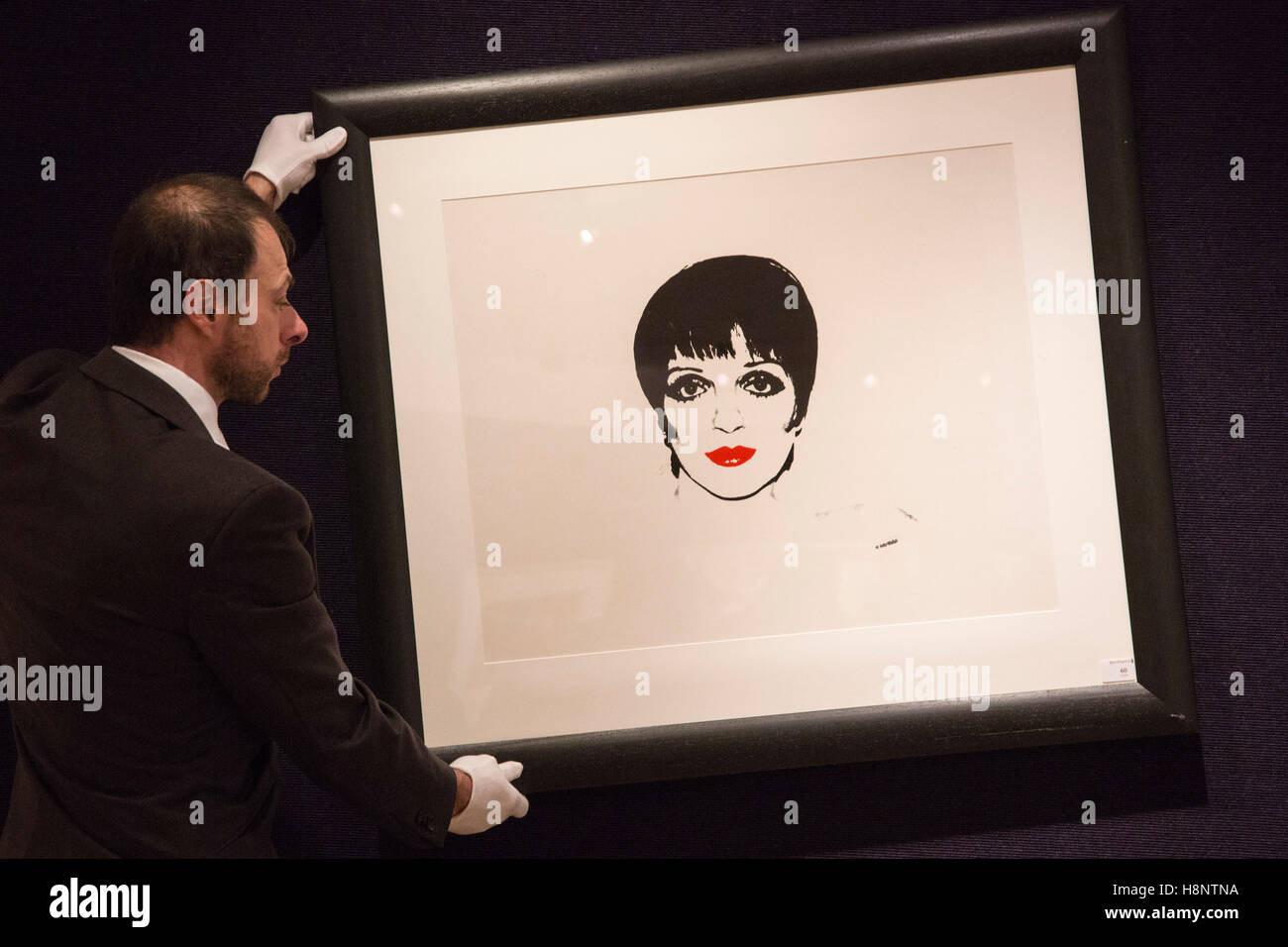 Londra, Regno Unito. Il 14 novembre 2016. Nella foto: un' Bonhams dipendente appendere la serigrafia Liza Minelli di Andy Warhol, est. GBP 20,000-30,000. In anteprima per Bonhams' imminente stampe & multipli delle vendite su 16 Novembre. La linea comprende opere di artisti tra cui Lichtenstein, Warhol, Hockney e Hirst. Foto Stock