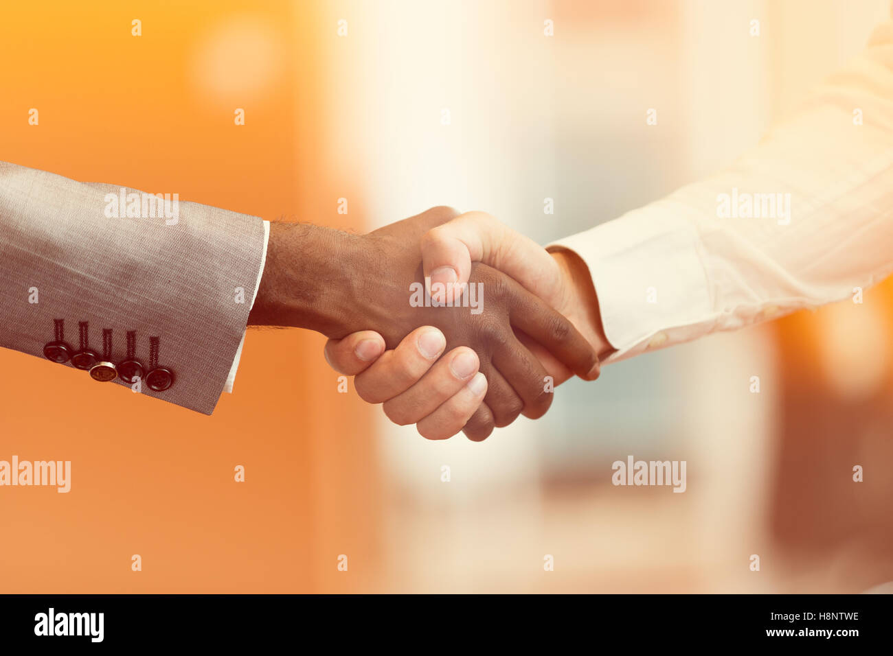 Stretta di mano tra africani e di un uomo caucasico Foto Stock