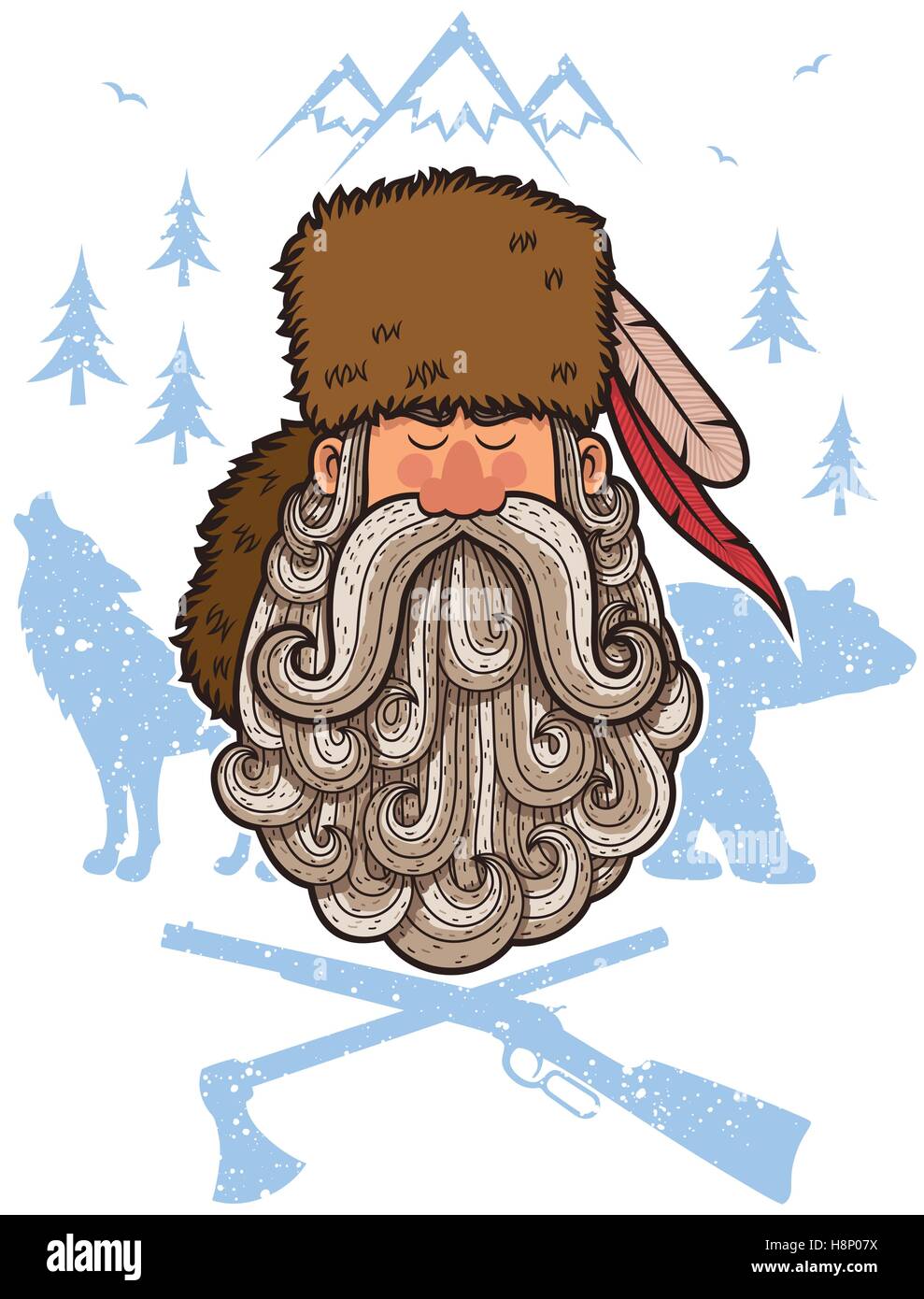 Illustrazione di cartoon cacciatore di animali da pelliccia con grande barba. Illustrazione Vettoriale