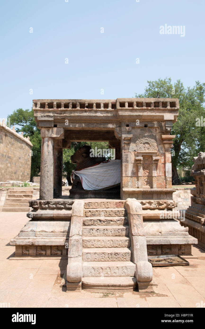 Voli di passaggi, Nandi bull mandapa all'ingresso, Tempio Airavatesvara, Darasuram, Tamil Nadu, India. Vista da sud. Foto Stock