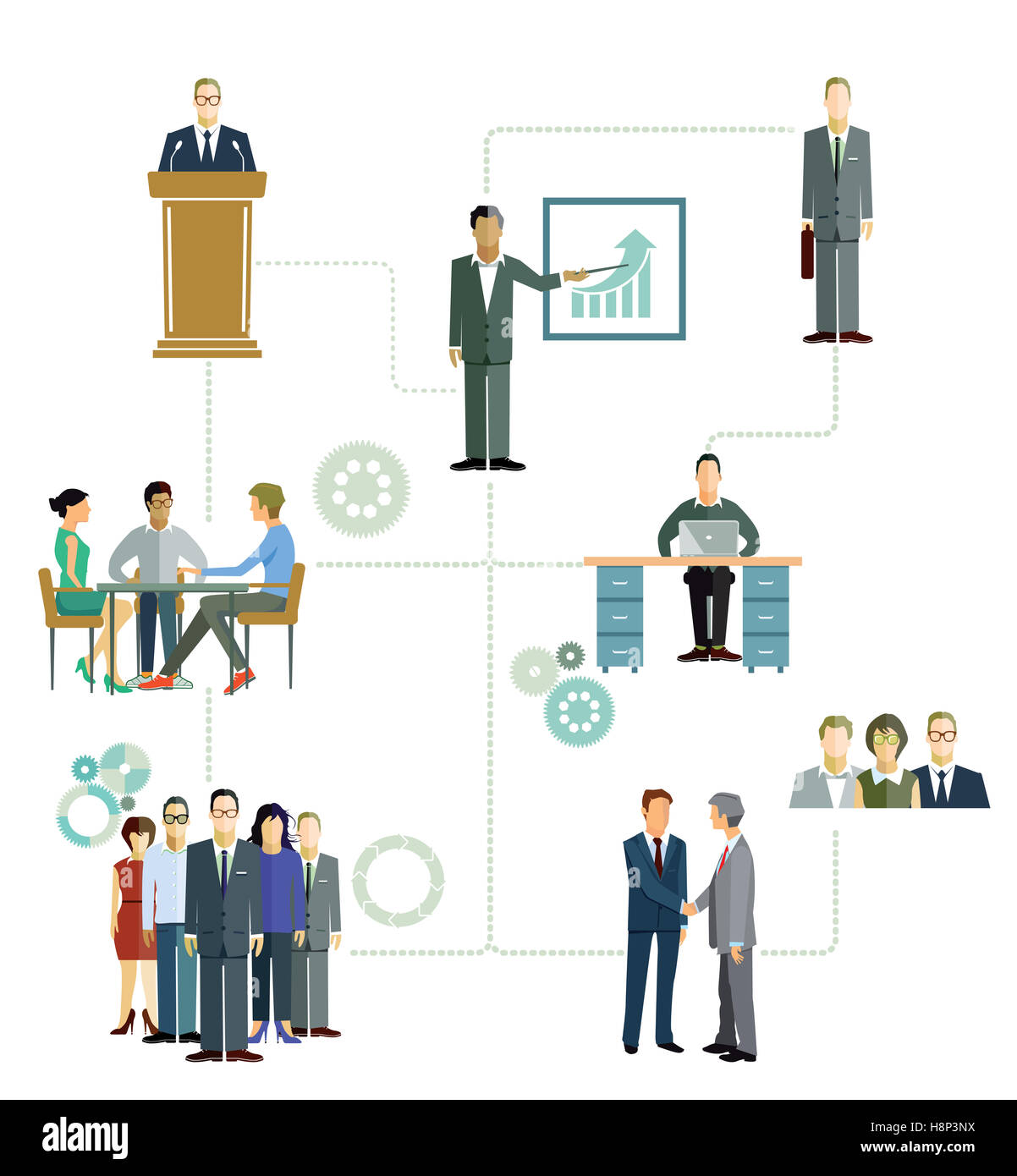 Infographics con imprenditori, consulenza, riunione, Foto Stock