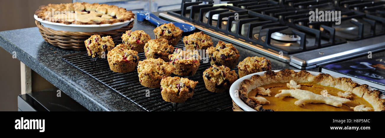 Torta di mirtillo palustre, muffin ai mirtilli e torta di zucca dolce da forno. Foto Stock