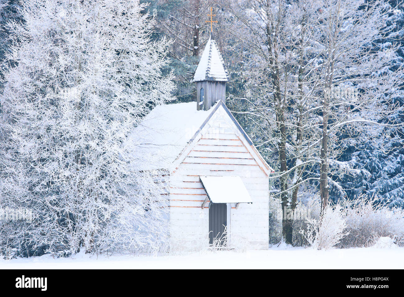 Piccola cappella di woody in frozen boschi innevati. Stock foto catturate in Baviera Alpina regione rurale Allgaeu Foto Stock