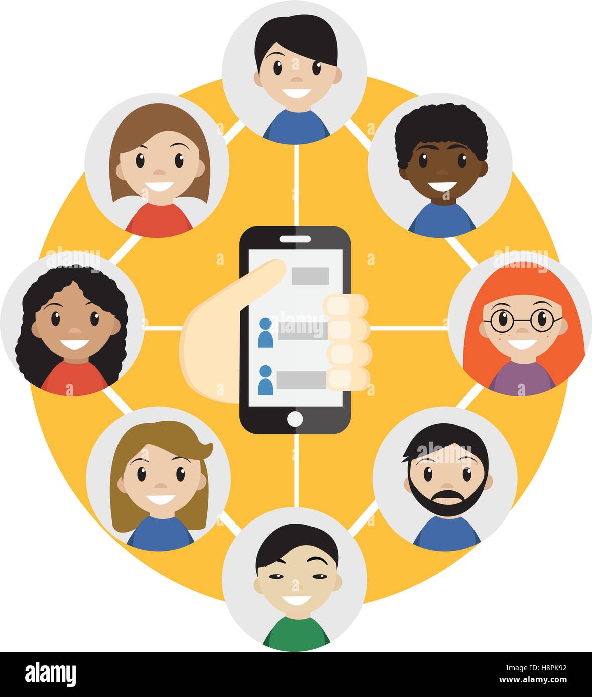 La mano in possesso di un cellulare con contatti di persone concetto. Scegliere la persona. Elenco contatti, icona Rubrica. Gruppo . Chiamare un amico . Comunicazione sociale rete, amici.vettore Illustrazione Vettoriale