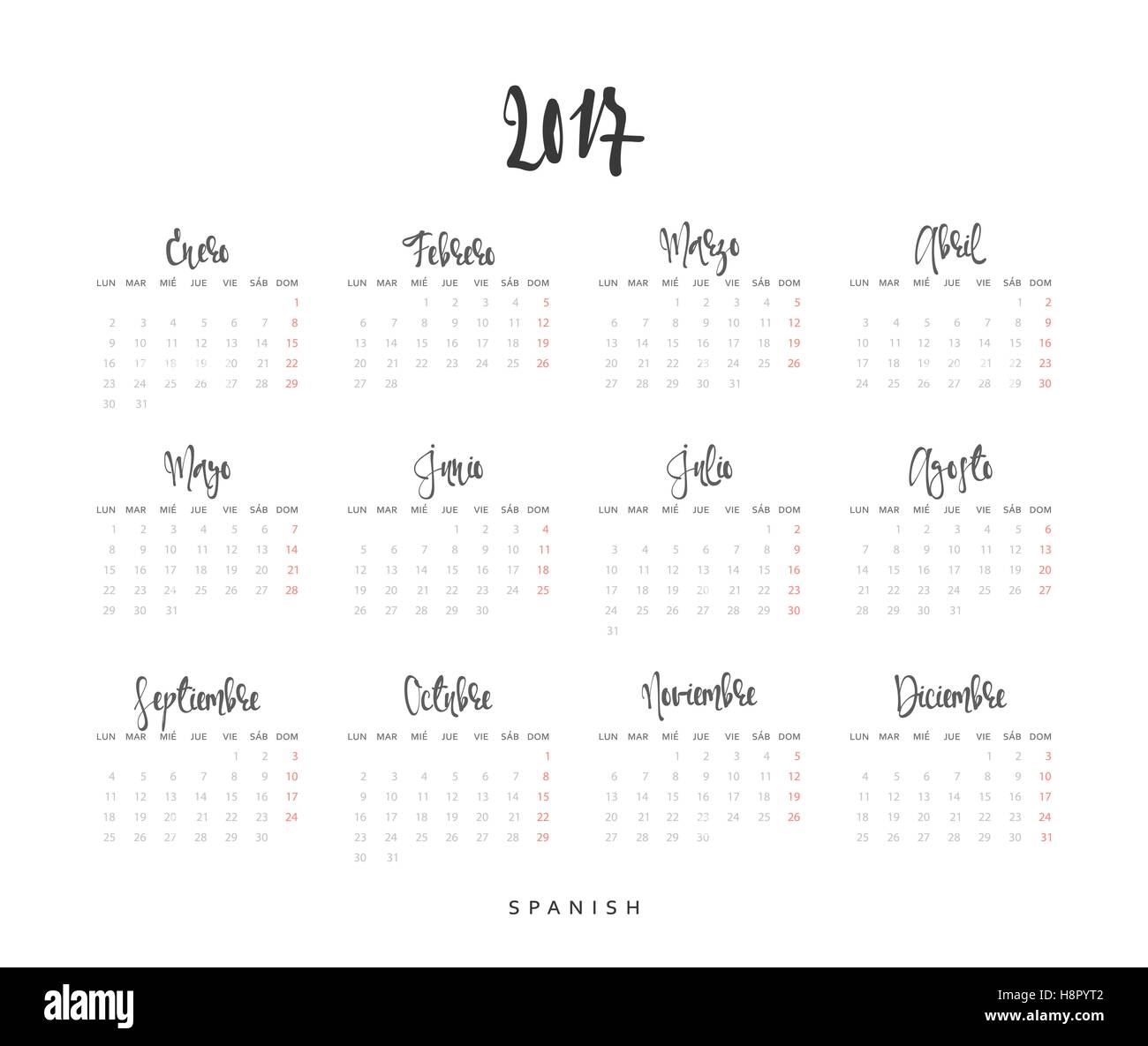 Calendario 2017 in spagnolo. Inizia settimana da Lunedì Immagine e  Vettoriale - Alamy