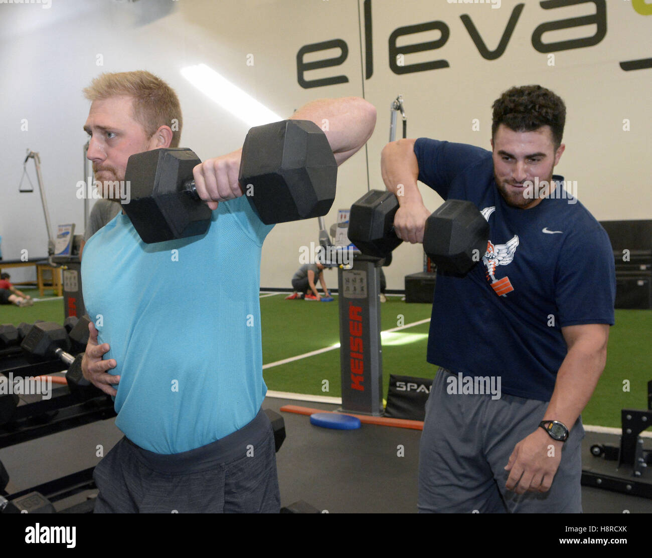 Stati Uniti d'America. Xvi Nov, 2016. Sport -- Texas Ranger's Sam Wolff, a sinistra e a Detriot Tiger's Wade Hinkle lavorare fuori a elevare PHW palestra fitness su Mercoledì, 16 novembre 2016. Essi saranno per il personale presso il campo da baseball gestito da Houston Astro Alex Bregman ha e dei Boston Red Sox's Blake Swihart a Rio Rancho di alta scuola la prossima settimana. © Greg assorbitore/Albuquerque ufficiale/ZUMA filo/Alamy Live News Foto Stock