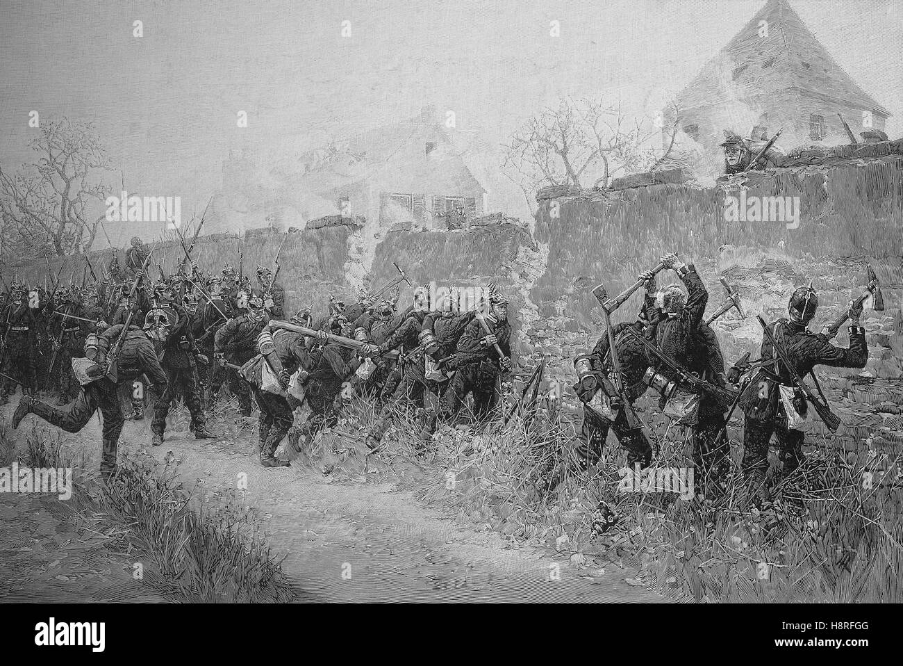 La guardia prussiana attacca la città di Le Bourget, Frankreich Foto Stock