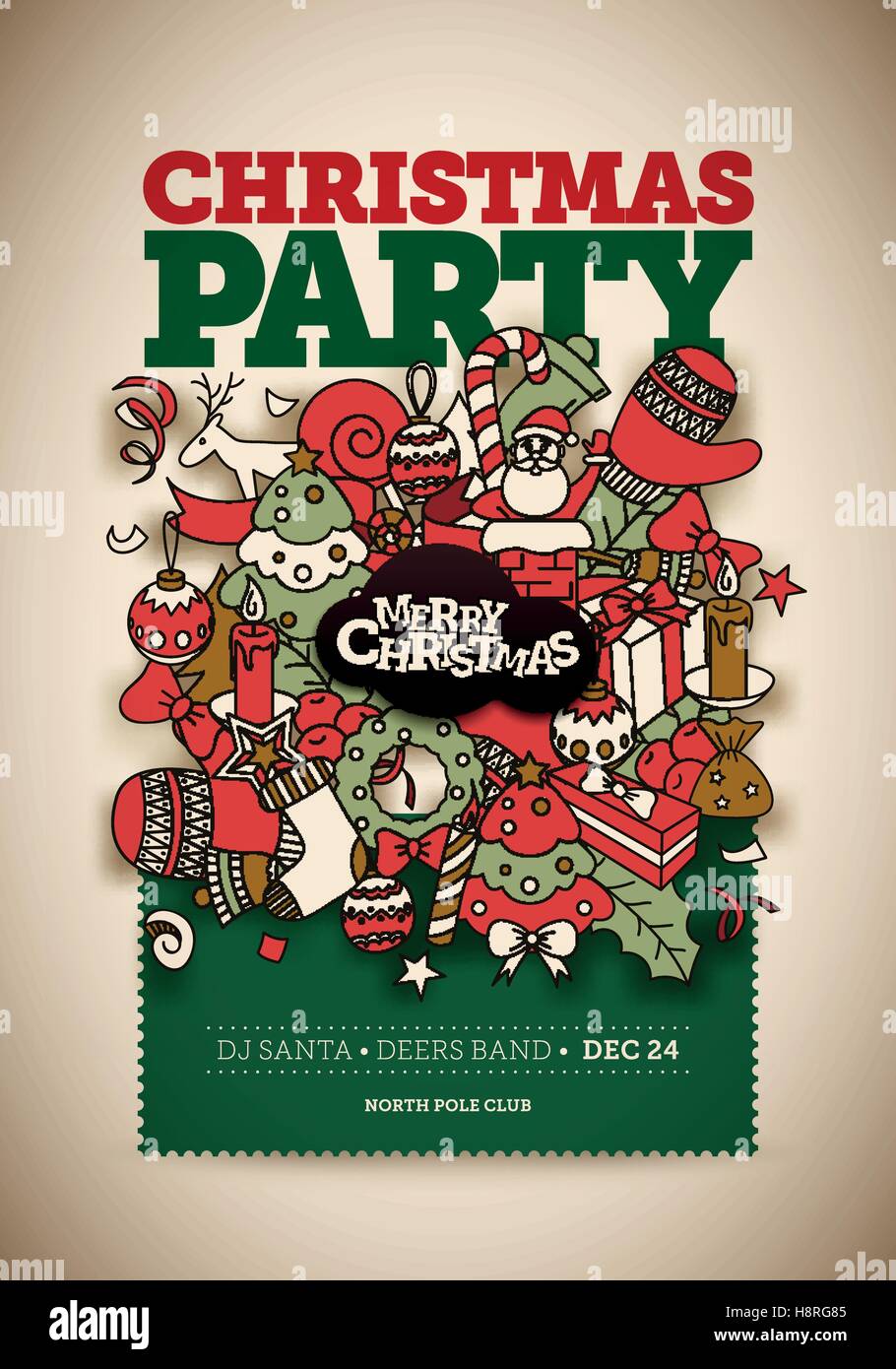Vector Christmas Party poster design party. Disegnata a mano scarabocchi con tonalità di colori di Natale. Colori globale. Facile modificabile. Illustrazione Vettoriale