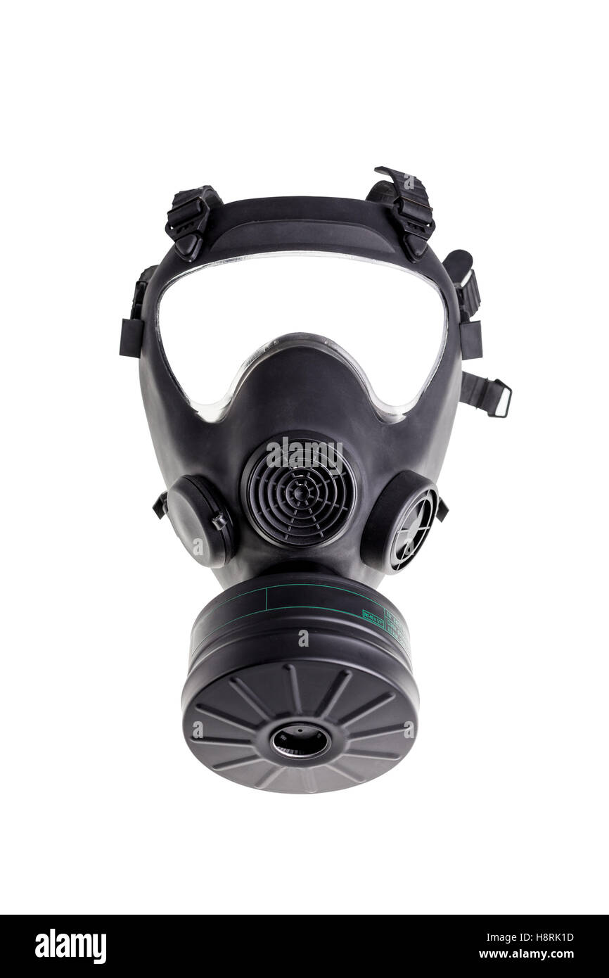 Gas militari maschera su sfondo bianco Foto Stock