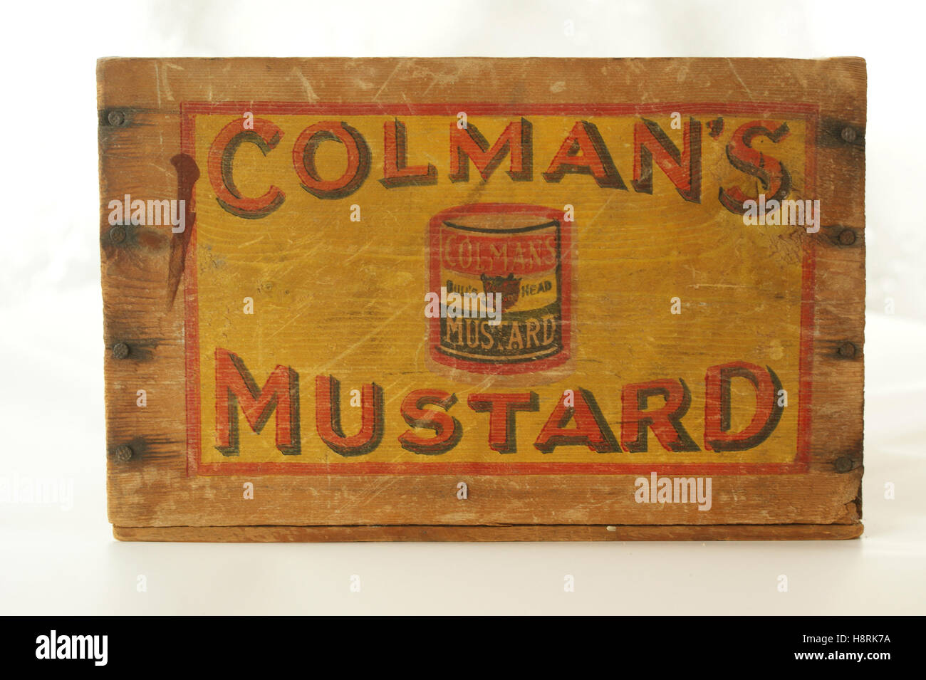 Senape Colmans, legno confezione da 1920s. Famoso Colman's tin stampati sul lato. Foto Stock