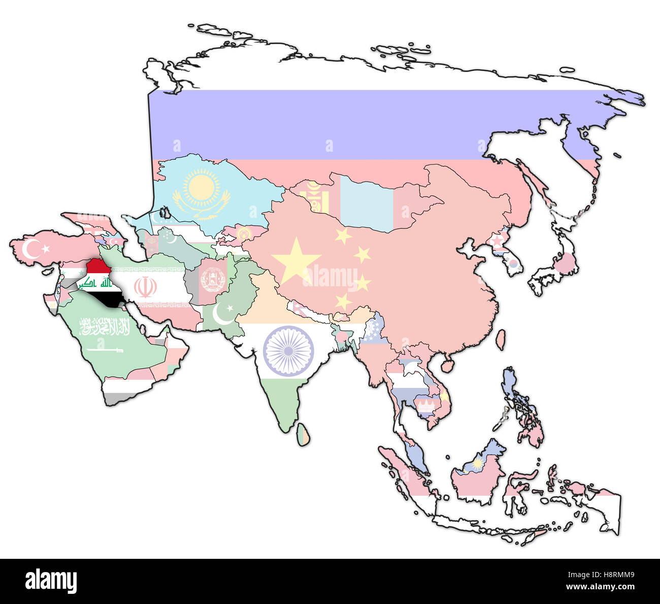 Vecchia mappa politica del continente asiatico con bandiera di Iraq Foto Stock