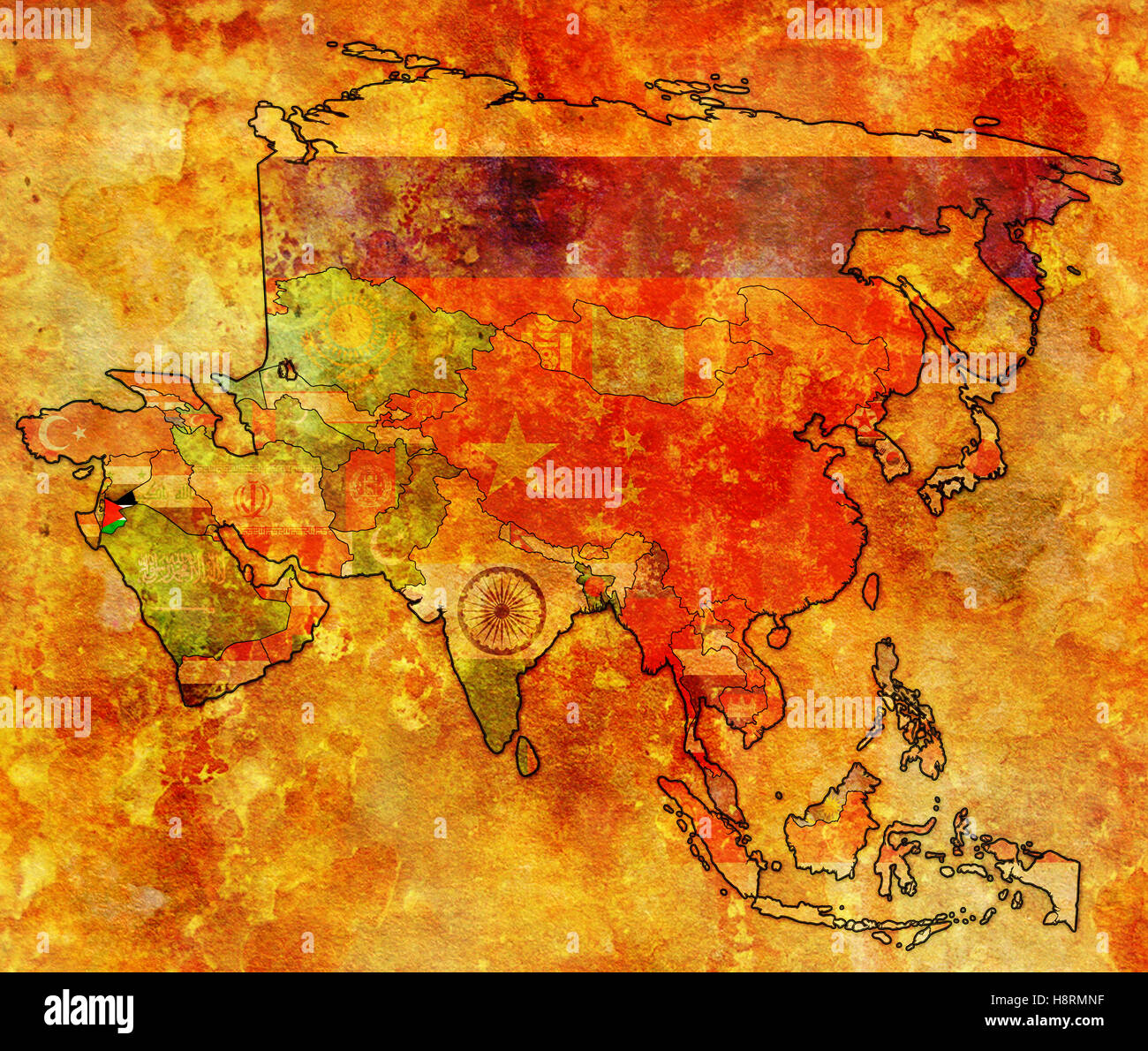 Vecchia mappa politica del continente asiatico con Bandiera della Giordania Foto Stock